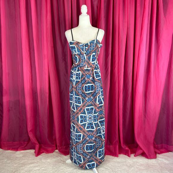 Pink Rose blue patterned shirred back maxi dress, L - Picture 1 of 7